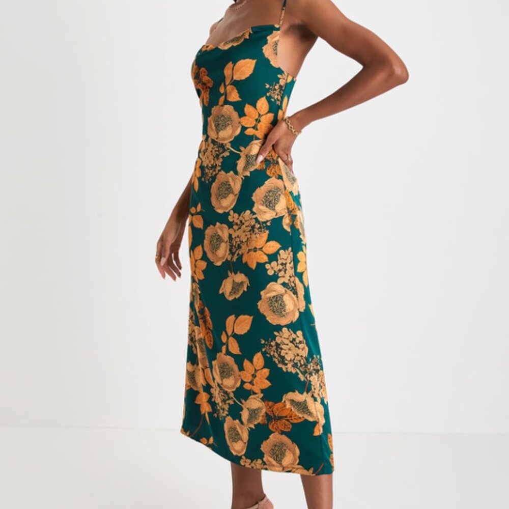 Lulus Favorite Icon Green Floral Satin Cowl Neck Slip Midi Dress - Size XL